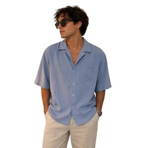 Pronto Uomo 100% Silk Blue Short Sleeve Button Up Shirt Men’s XL Luxury